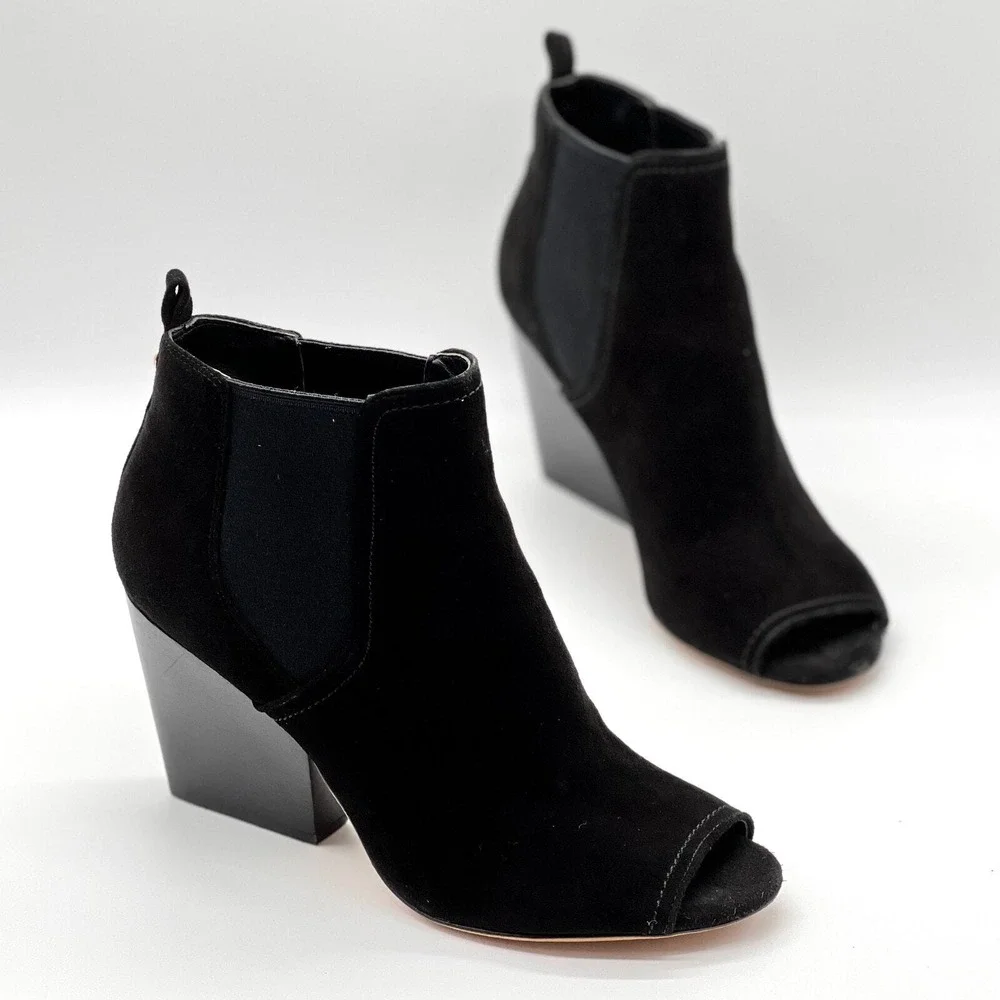 Tory Burch Booties Women 8.5 Black Ankle Peep Toe Suede Block Heel Elastic